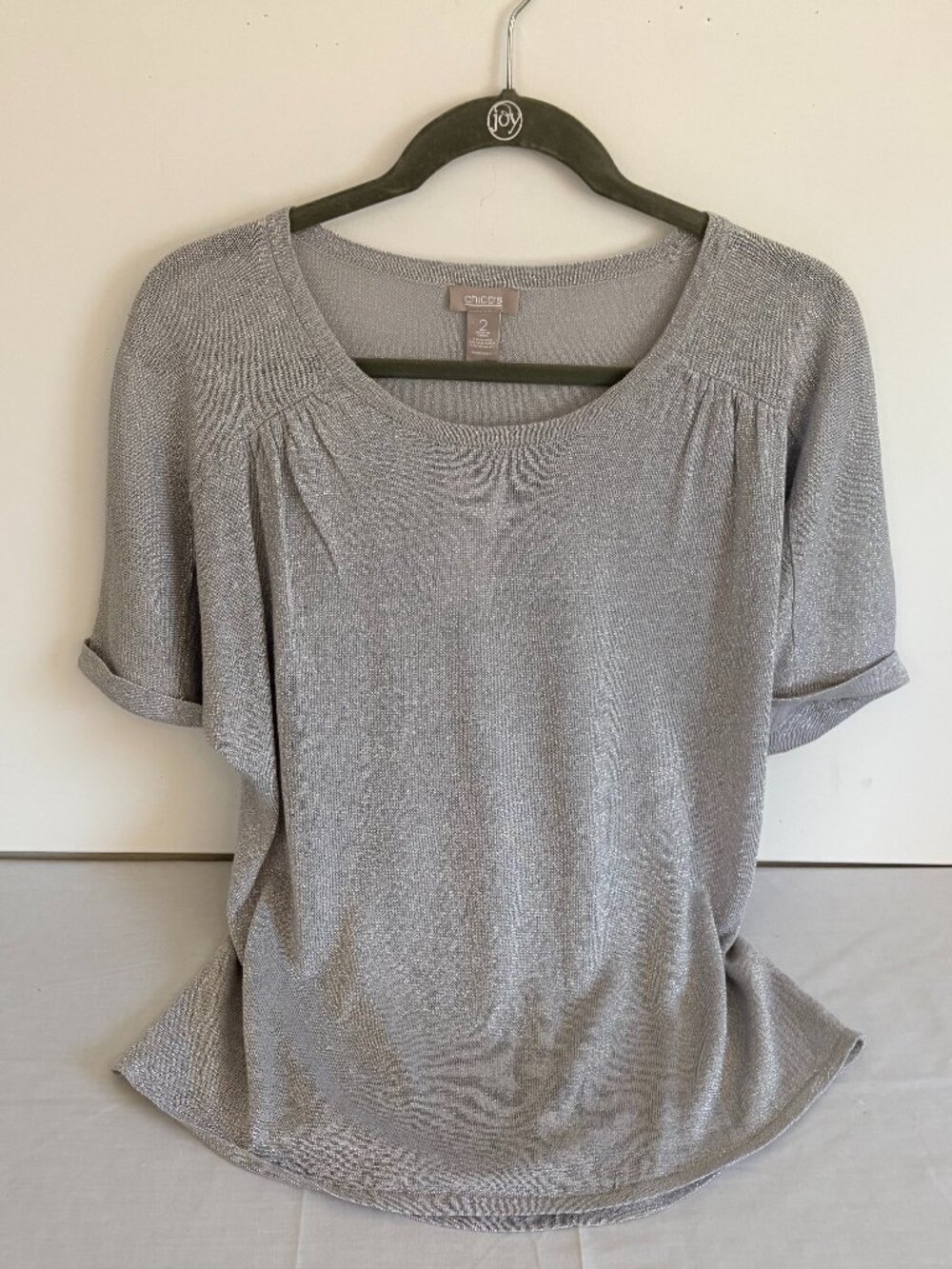 Chicos Metallic Silver Women's Short Sleeve Linen Blend Knit Top Sz 2 Large